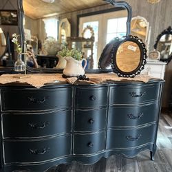Vintage Black French 9 Dr Dresser W/ Mirror 