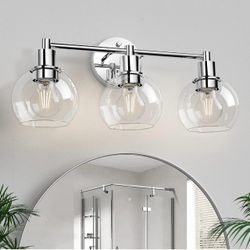 3-Light Bathroom Vanity Light Fixture Chrome Finish Clear Glass Globe Shades E26