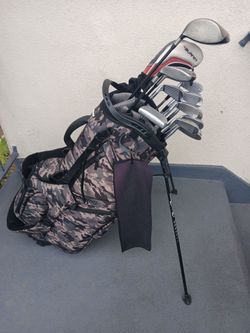 TaylorMade Woods, Hogan Irons, Bag Boy Camo Stand Bag