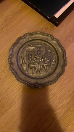Antique Hammered Copper Wall Plate, Pub Scene