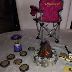 Used American Girl Retired Kaya's Campfire-treats & AG Camping Folding Chair AG 