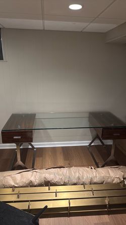 Glass Top Desk with Wood Drawers and Metal Legs