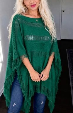 ANDTHEWAY Green Boho Poncho Fringe Sweater Oversized Knit Wrap Cozy One Size