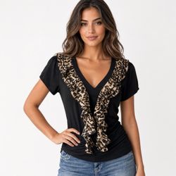 Black & Tan Leopard Print Ruffle V-Neck Top Women's M NWOT