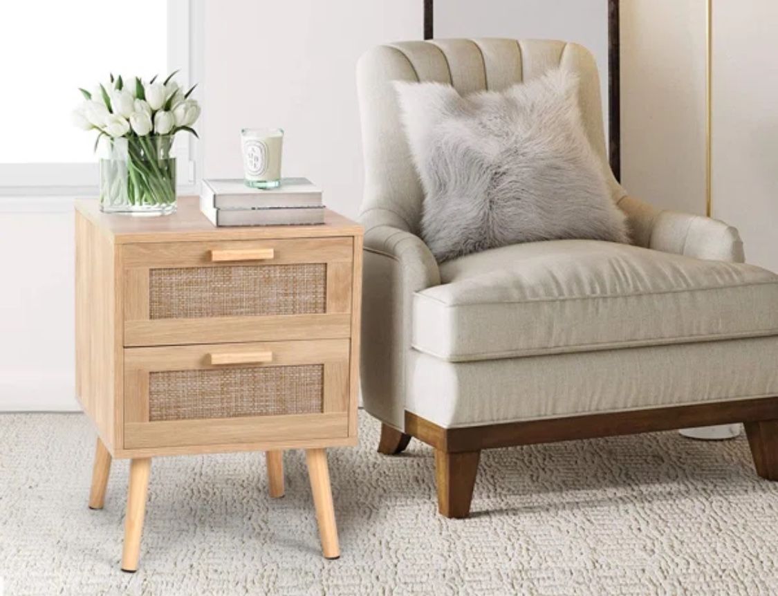 Brand New Spurlin Rattan Nightstand – 2 Storage Drawers
