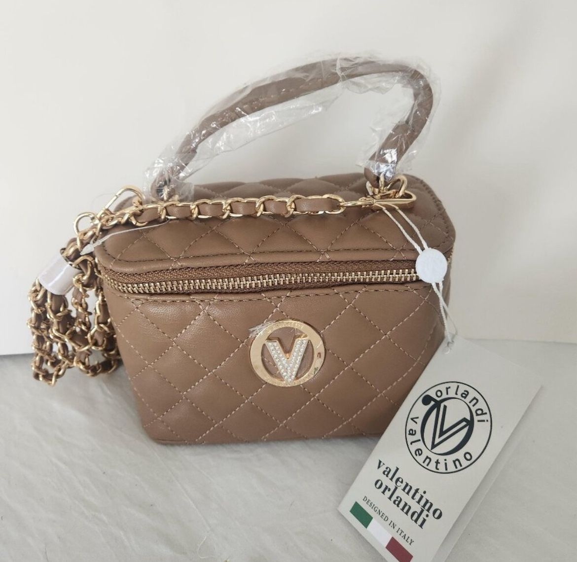 Valentino Orlandi Quilted Vanity NWT Box Bag Taupe Retail $330