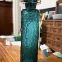 Vintage Murano Venini Battuto Style Faceted Geometric Teal Blue Vase 12.25"