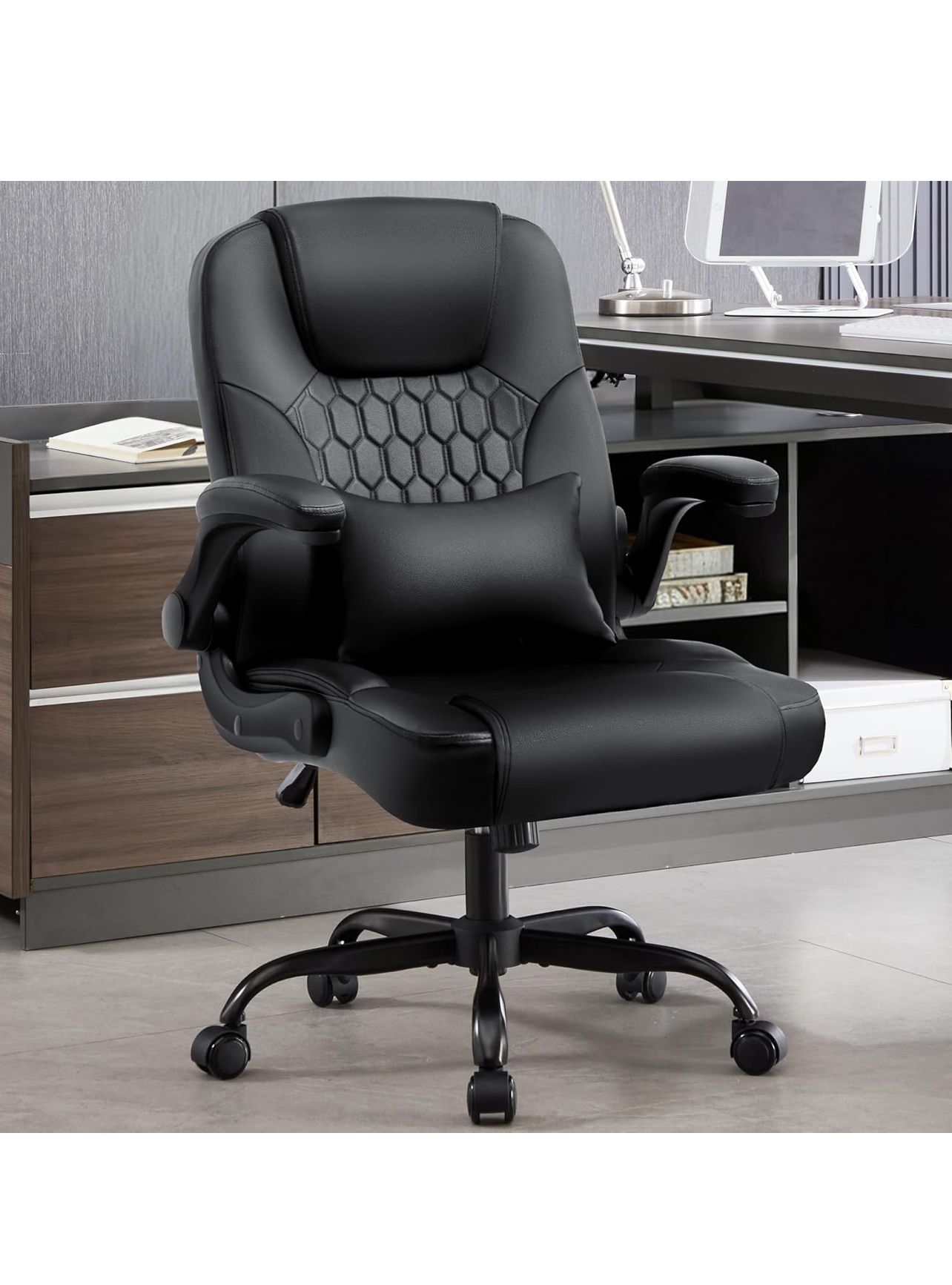 Executive Office Chair PU,Leather Office Chair with Wheels,360° Swivel Rolling Chair with Padded Arms,Ergonomic Computer Chair with Lumbar Support for