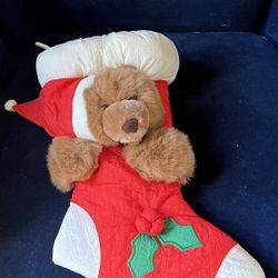 Christmas stocking Nylon Vintage sock Stuffed Plush Teddy Bear Holiday 90s