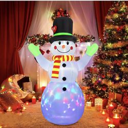 7 FT Christmas Inflatables Embrace Snowman Outdoor Decorations, Blow up Snow Man Yard Decor Built-in Bright Colorful Rotating LED