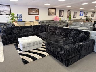 Large Black Corduroy Sectional Sofa with Chaise