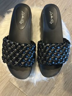 London Rag • Elegant Black Woven Platform Mules • 8