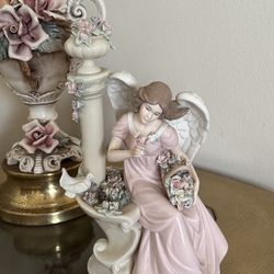 2006 Porcelain Angel W Dove Exquisite Floral Detail Hand Painted Sculpture 13"