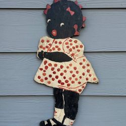 Antique Black Americana Girl Cut Out Wood Folk Art Doll Vintage Decor