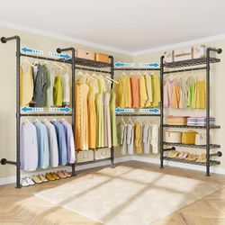 L4 L Shape Garment Rack Heavy Duty Clothes Racks for Hanging Clothes, Expandable Industrial Pipe Clothing Rack Wall Mounted Closet Racks Wardrobe Clos