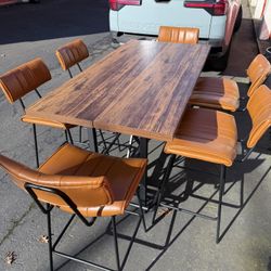 Counter Height Bar Table, 62.99" Long Pub Bar Table With Metal Footrest & 6 Comfy Stools