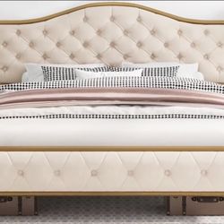 Luxury Queen Size Platform Bed Frame with Elegant Button Tufted Curved Headboard (Beige)