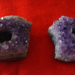 Pair of Natural Amethyst Tea Light Candle Holders. 