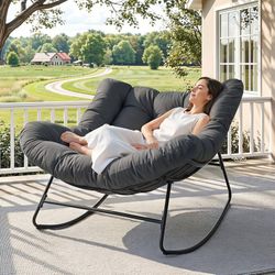 Papasan Rocking Chair, 450 lbs Oversized Comfy Patio Chair with Thickened Cushion, Indoor Egg Rocking Lounge Chairs, Rocker Chairs for Patio Porch Gar