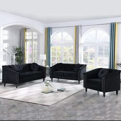 Modern Black Microfiber Three Piece Couch Set 