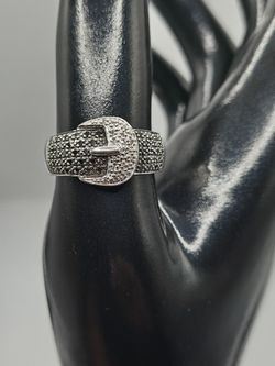 925 Sterling Silver Real Genuine Black Colorless Diamond Belt Buckle Ring Size 8