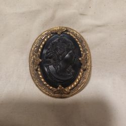 Antique Brass & Glass Cameo Brooch 