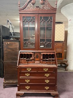 Antique chippendale-style mahogany secretary desk cabinet