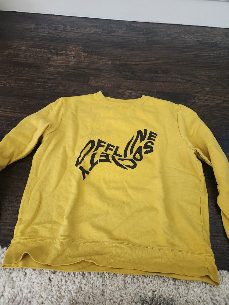 H&M Yellow Sweatshirt "Offline Society" Black Print Pullover Men size Large