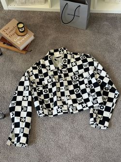 Forever 21 Black White Checkerboard Denim Jacket Butterfly Floral Print Cropped Trucker Jacket