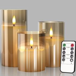 BRAND NEW IN BOX Glass Battery Operated LED Flameless Candles with Remote and Timer, Real Wax Candles Warm Color Flickering Light 