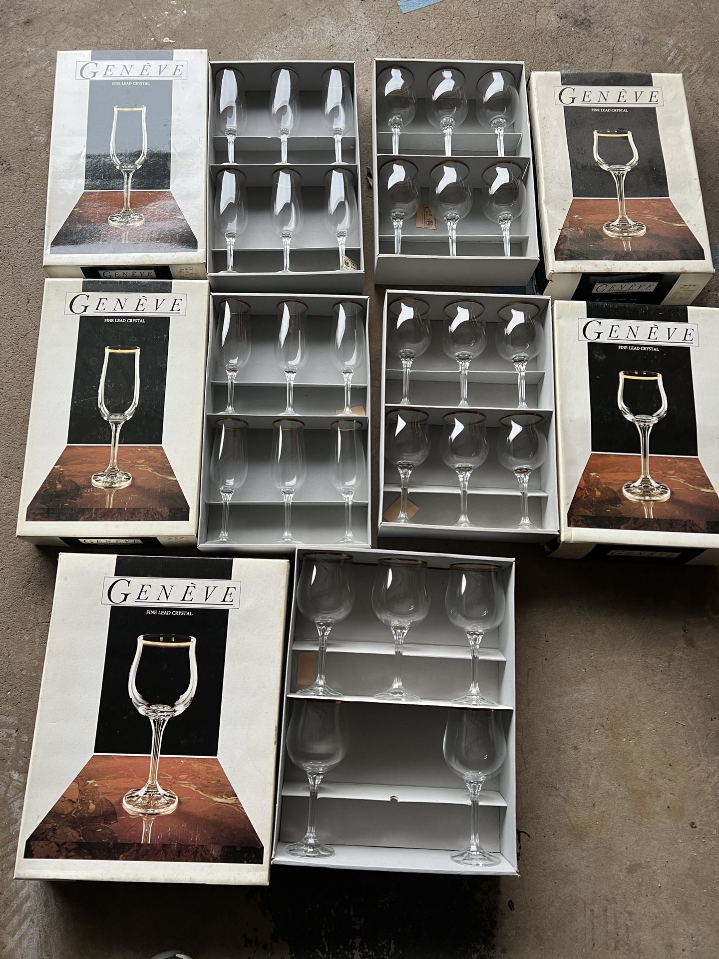 Geneve 12 Champagne Flute, 12 Wine, 6 Goblet Glasses Gold Rimmed Fine Lead Crystal by Bohemia, each set of 6 listed at $15. Total $75 