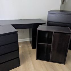 Black‑Brown Bedroom Set – 2 Dressers + Desk + Storage Cube (matching finish)