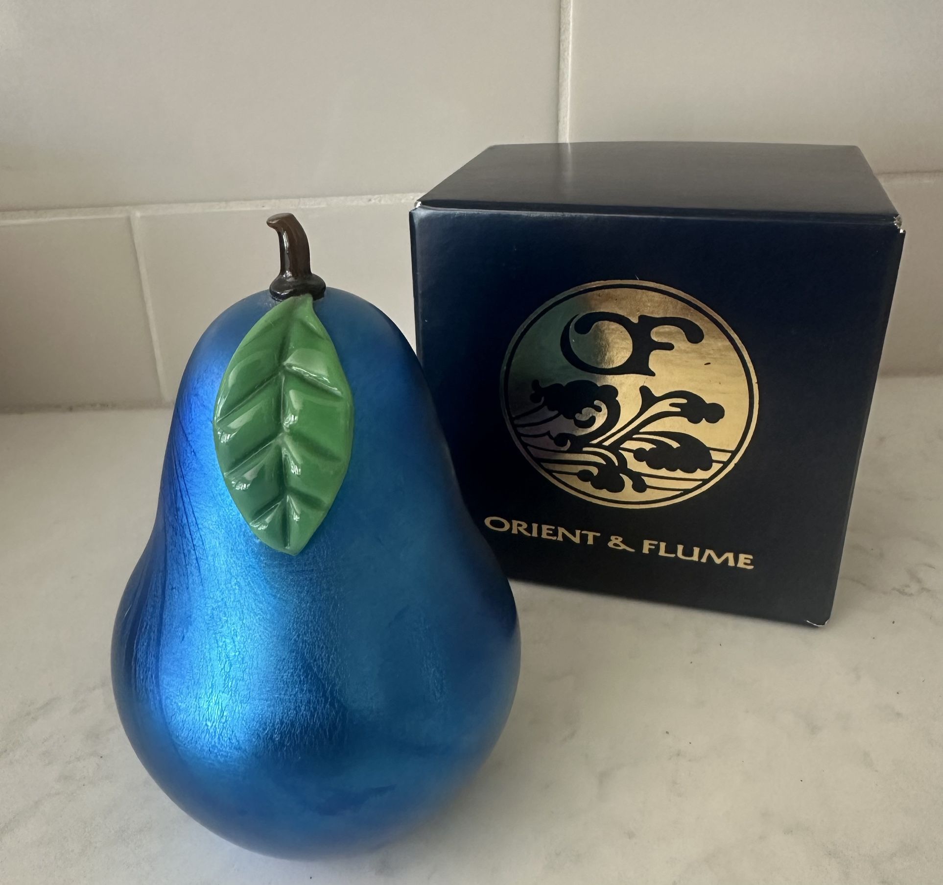Vintage O&F Blue Art Glass Pear Paperweight 4 1/2” 2003 2nd Numbered