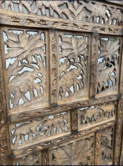 Hand Carved Teal Wood Trifold Privacy Divider