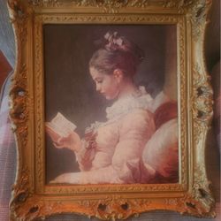 Vintage Ornate Gold Framed Mid-Century Print "Young Girl Reading"