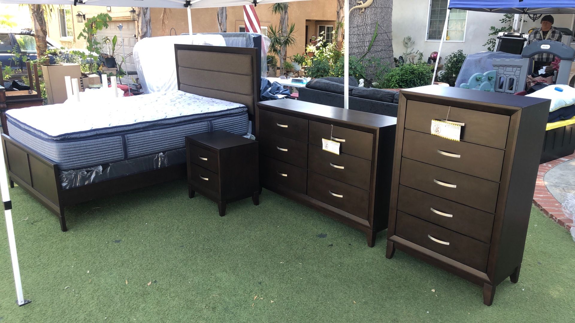 Dark Wood Bedroom Set Queen Mattress, boxspring, frame, one side table, one long dresser, one tall dresser
