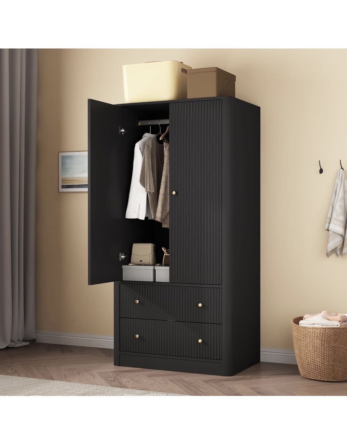 Wardrobe Closet, Freestanding Closet Wardrobe Cabinet with Wide Drawers & Hanging Rod, Modern Armoire Storage Cabinet for Living Room, Bedroom, Laundr