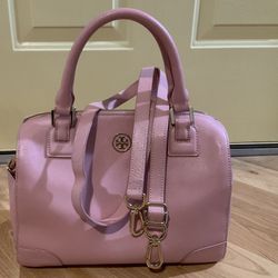 TORY BURCH ROBINSON PINK SAFFIANO LEATHER CROSSBODY STRAP + DOUBLE HANDLES BAG