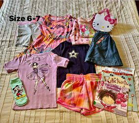 10 girls clothing size 6-7 , a bag and 3 stories books all for $10