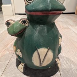 Vintage Hand Carved Folk Art Hand Painted  mother And Baby Green Frog