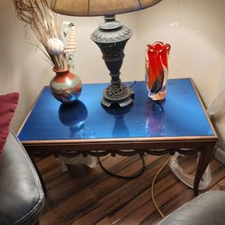 Ribbon & Bows, Walnut Wood Coffee With Cobalt Glass Table Top