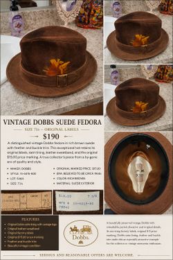 Vintage 1960s DOBBS Brown Suede Fedora 7 3/8 Style 15-6015-800 Original Tags