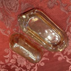 Vintage Jeanette Glass Louisa Marigold Floragold Lidded Footed Butter Dish