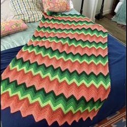 Vintage 1970s Hand-Crocheted Chevron Blanket - Coral & Green Ombre- NEED GONE ASAP MOVING 