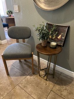 New Modern Upholstered Chair and Round Wood Side Table