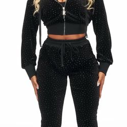 New 2 Piece Rockstar Original Women Black Velvet Tracksuit