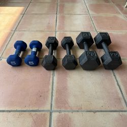 Three Sets Of Dumbbells, 20 lbs, 10 lbs, and 5 lbs