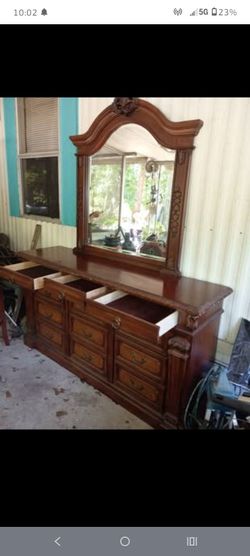 Ornate Carved Dark Cherry Wood Dresser with Mirror