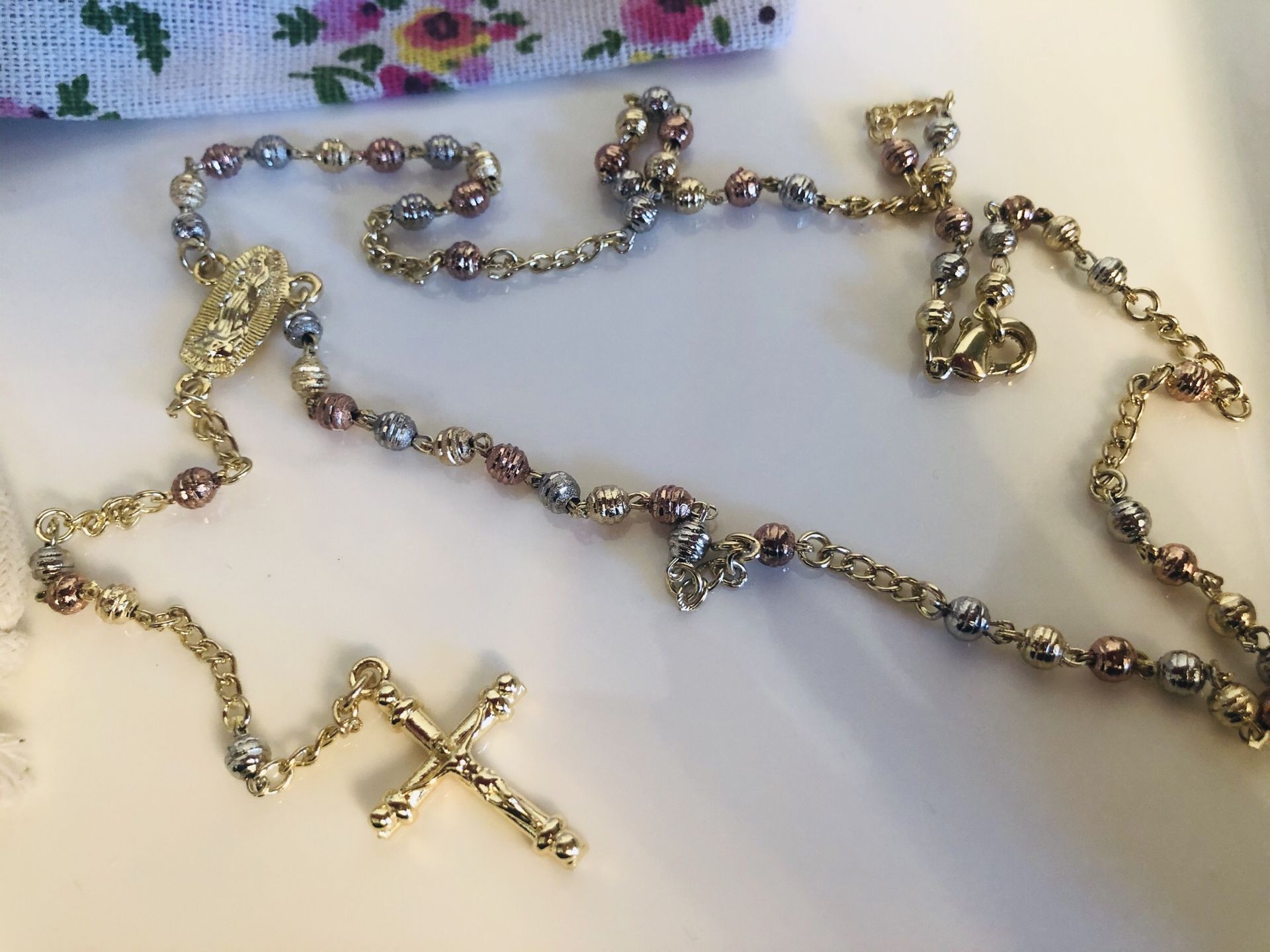 Gold plated tricolor rosary necklace