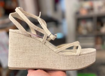 Beige Linen Platform Wedge Sandals